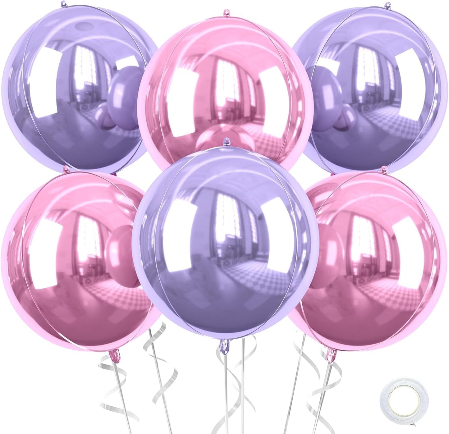 Pink Purple Giant 4D Foil Balloons, 6 Pcs Large Metallic Pink and Purple Round Balloons, 22 Inch Big Round Foil Balloon for Wedding Prom Birthday Party Baby Shower Decorations