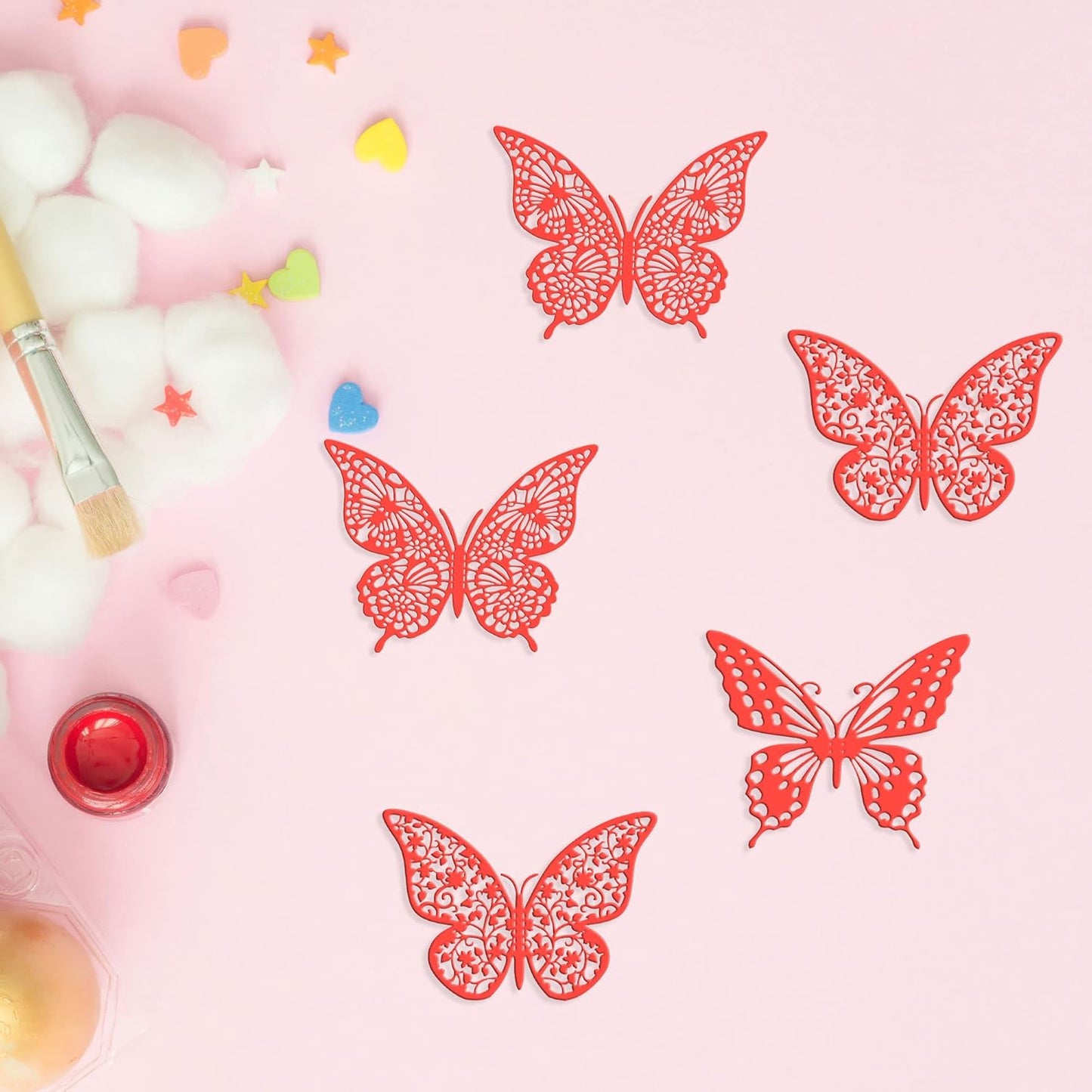 Gyufise 36 Pack Red Glitter 3D Butterfly Cupcake Toppers Hollow Cake Decorations for Birthday Wedding Fairy Party Wall Sticker Decal