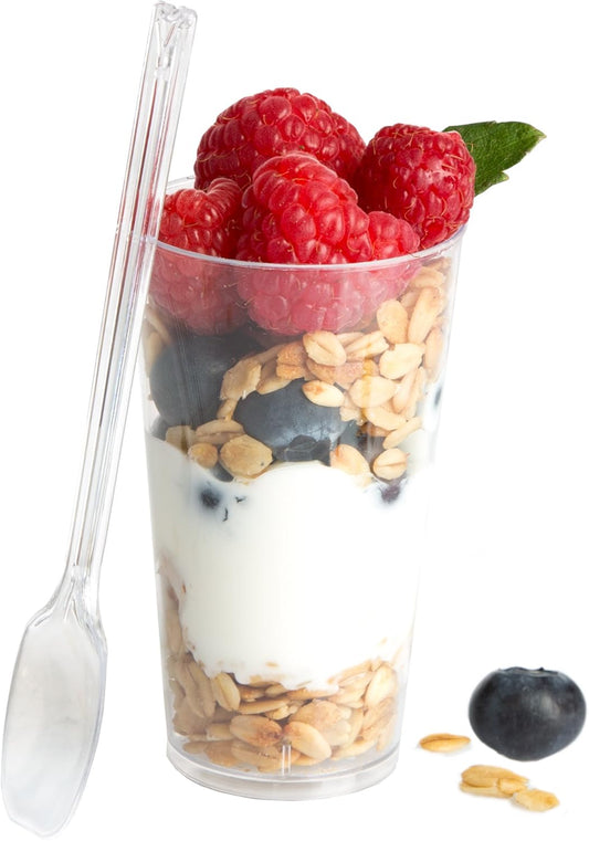 Ilyapa 3oz Plastic Dessert Cups - 100 Pack Mini Dessert Cups with Spoons - Clear Reusable Small Appetizer Cup for Cheesecake Shooters, Chocolate Mousse, Parfait - Party and Catering Supplies - Round