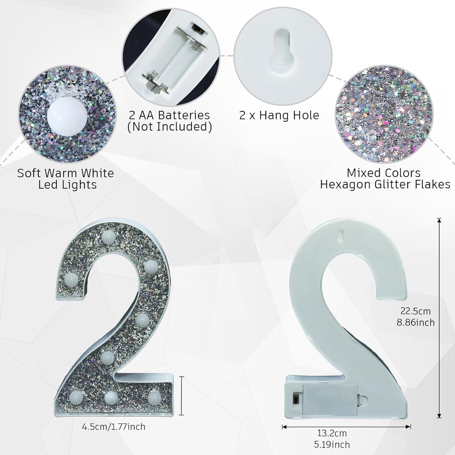 Marquee Light Letters for Table Decorations, Glitter Light Up Signs for Prom, Events, or Engagement Party Decor, Featuring Alphabet & Number Lighted Letters, Number 2