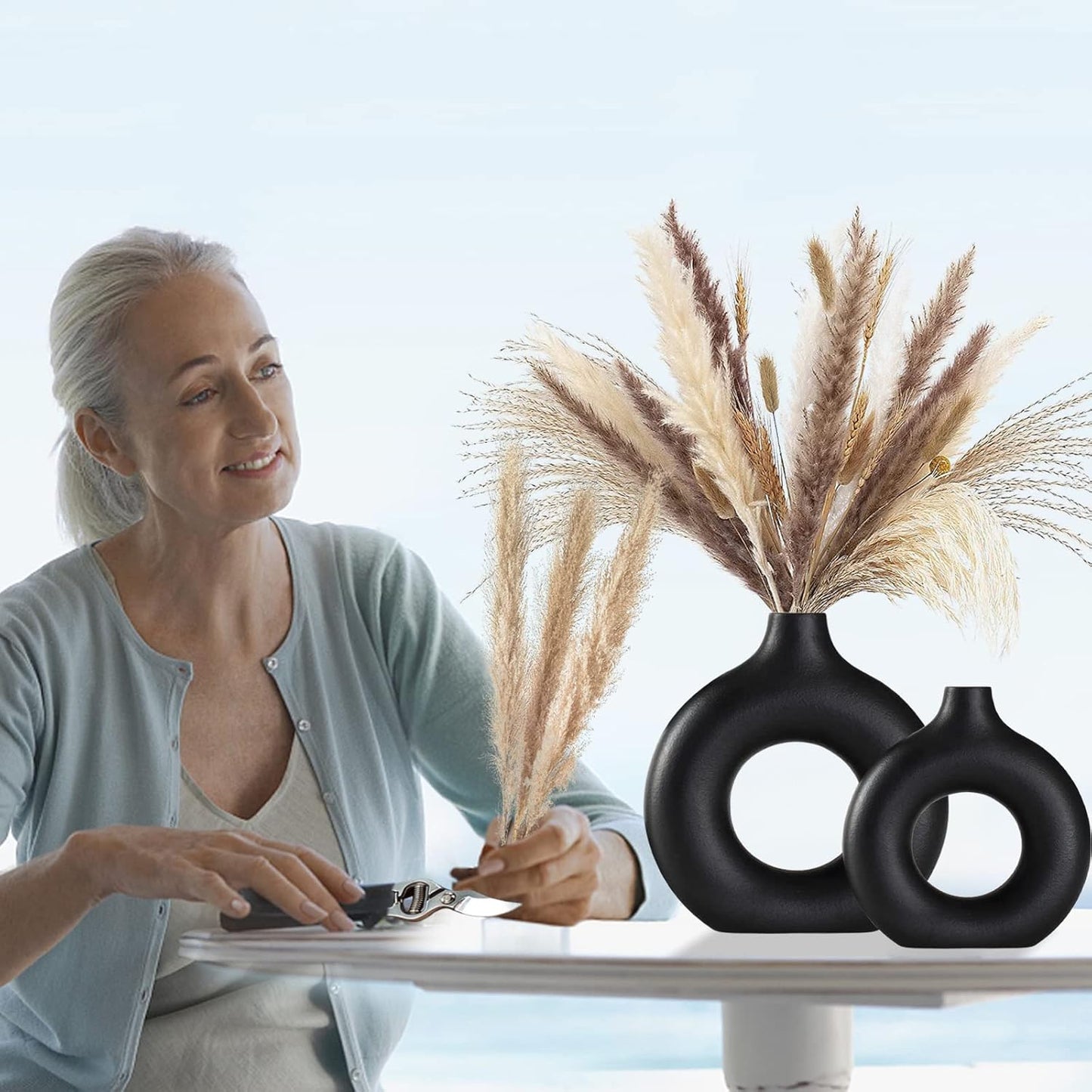 Black Ceramic Vase Set of 2 for Modern Boho Decor,Round Matte Pampas Flower Vases Minimalist Nordic Boho Ins Style for Wedding Dinner Table Party Living Room Office Bedroom, Decorative Gift