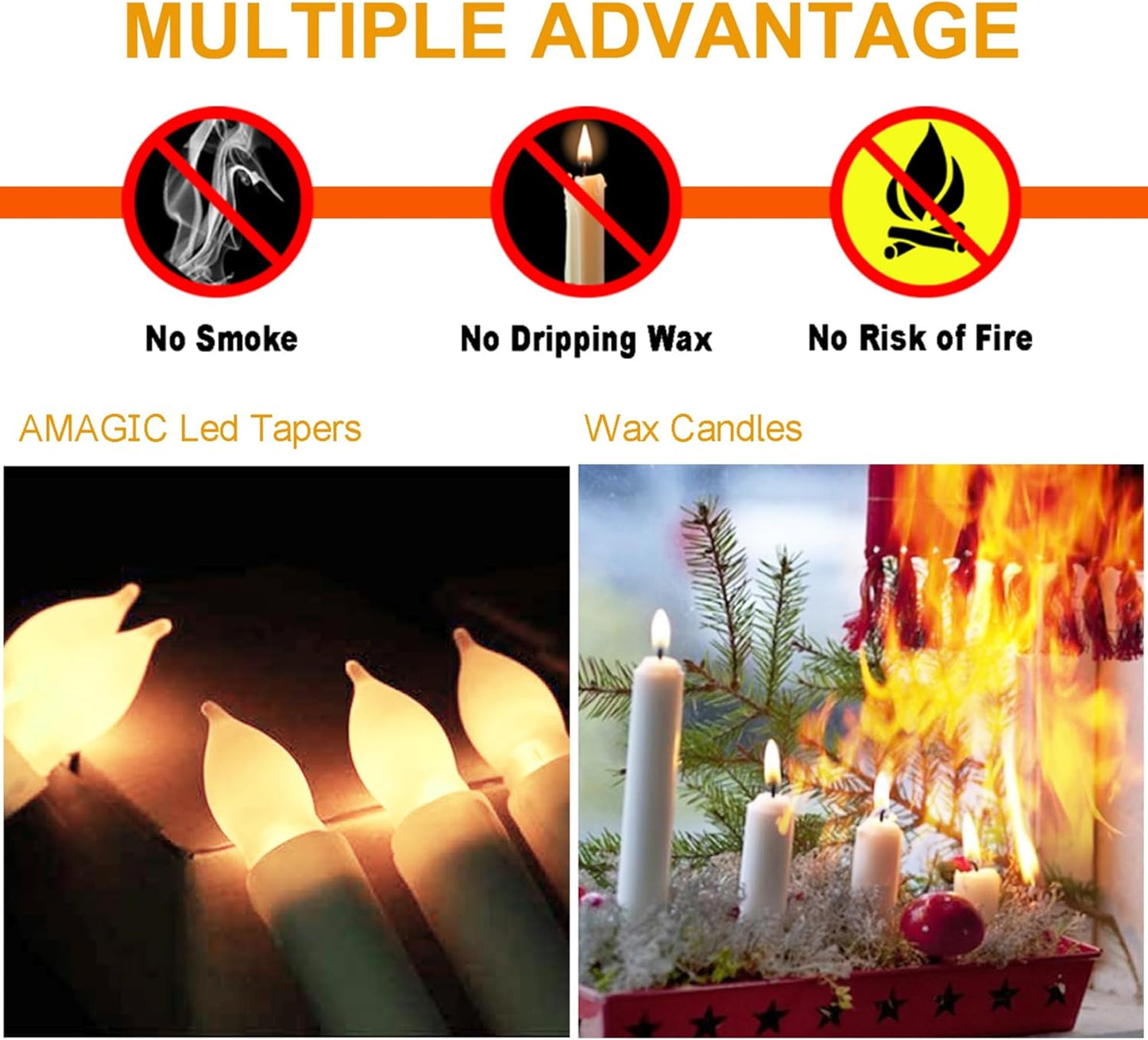 Amagic 12 Pcs Flameless LED Taper Candles, No Remote, Magical Hanging Floating Candles, Battery Operated Candlesticks, Electric Fake Candles Flickering 6.5" for Halloween Party Church Christmas Decor