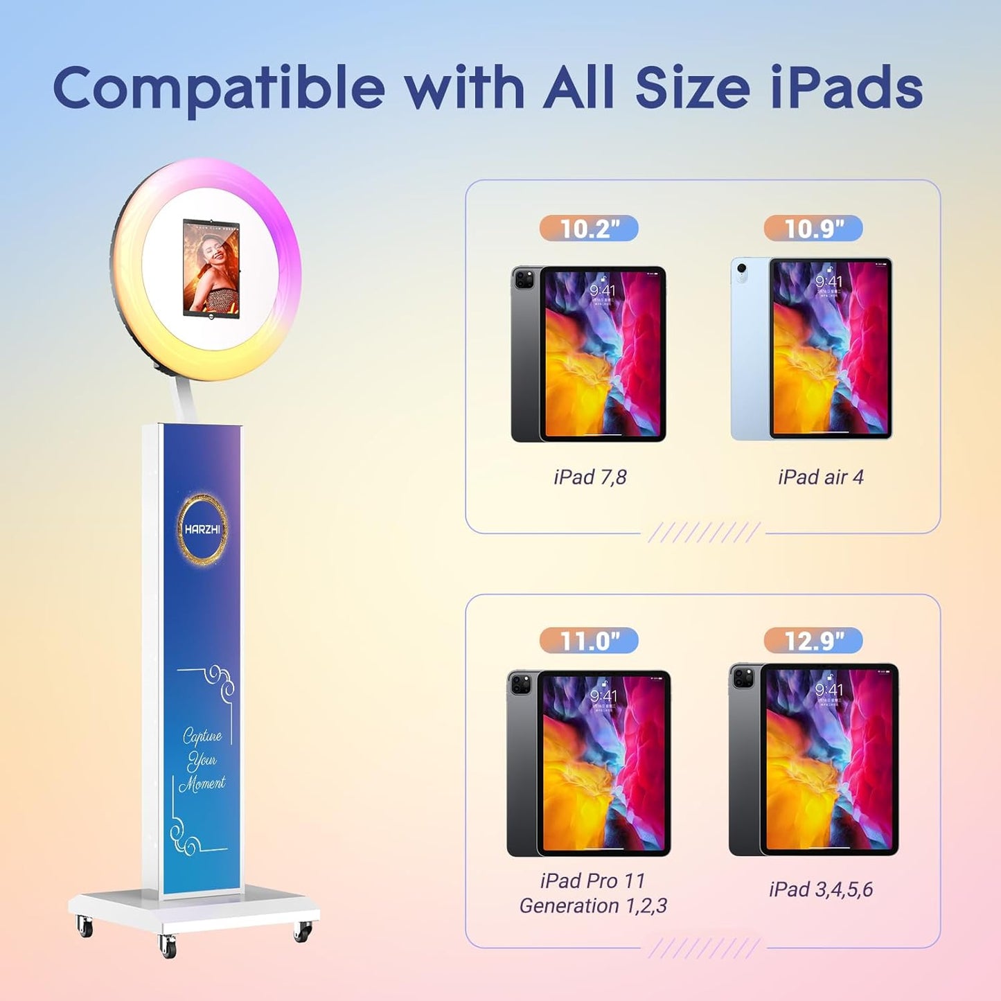 HARZHI Portable Photo Booth Compatible with Ipad, Large Lightbox Ipad Photo Booth for Christmas Wedding Party Provide ChackTok Software APP VIP, Free Custome Logo, Flight Case White