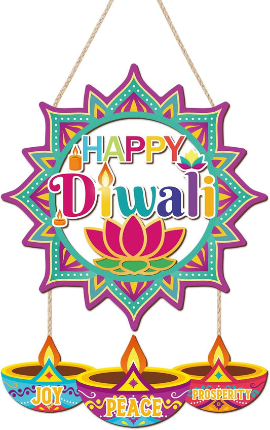 CHDITB Happy Diwali Front Door Sign Wreath(15"x11"), Wooden Lotus Rangoli Diyas Indian Festival of Lights Decoration Wall Hanging, Colorful Deepavali Themed Hanger Decor for Porch Home Office Party