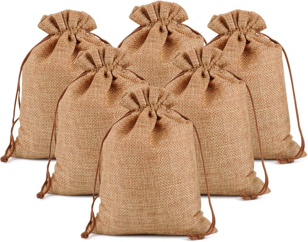 Lucky Monet 25/50/100PCS Burlap Gift Bags Wedding Hessian Jute Bags Linen Jewelry Pouches with Drawstring for Birthday, Party, Wedding Favors, Present, Art and DIY Craft (50Pcs, Coffee, 4” x 6”)