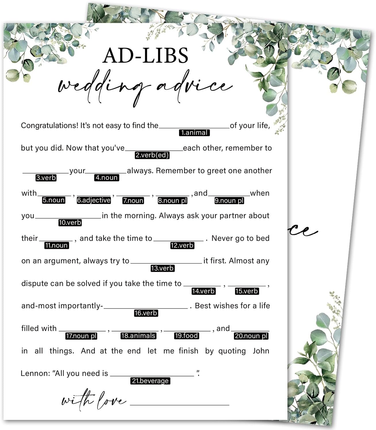 Eucalyptus Bridal Shower Game Cards - Ad-libs Wedding Advice and Wishes for The Mr and Mrs, Engagement Bridal Shower Games for 30 Guests, Wedding Advice Cards Set of 30, Activity Supplies & Favor/A04