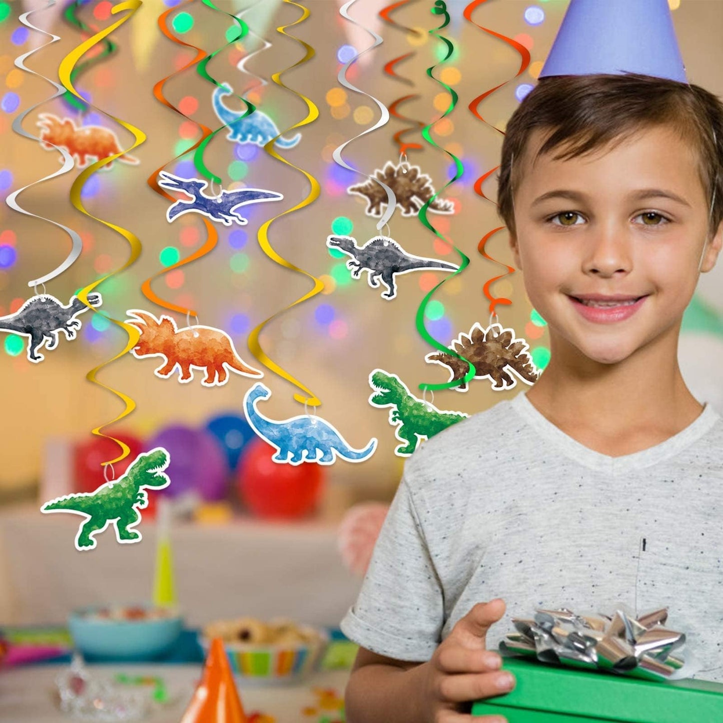 WERNNSAI 24 PCS Dinosaur Hanging Swirls Watercolor Dino Decoration
