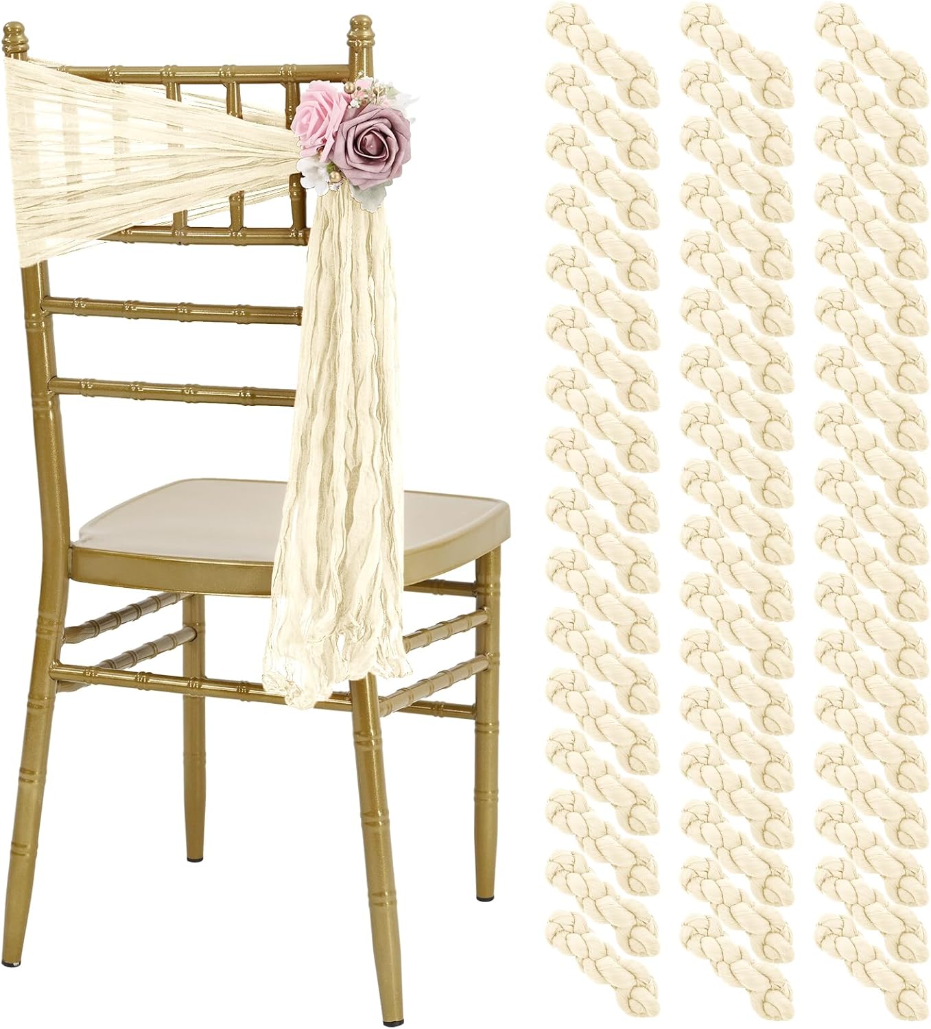 50 PCS Cheesecloth Chair Sashes, Bows Designed ChairSashes, 15.7x70 inch Chair Sashes for Aisle Decorations Universal Chairs Cover Decoration for Wedding Reception Party Banquet (Ivory)