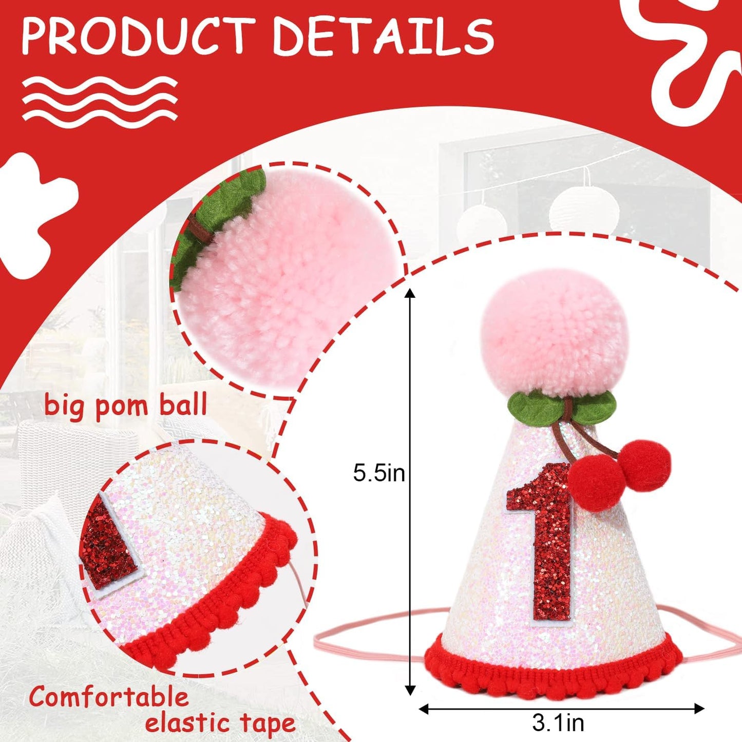 Cherry 1st Birthday Hat - Sweet One Party Decorations, Pink Glitter First Crown for Girls, Fruit Themed Cake Smash, Pink Felt Party Crown