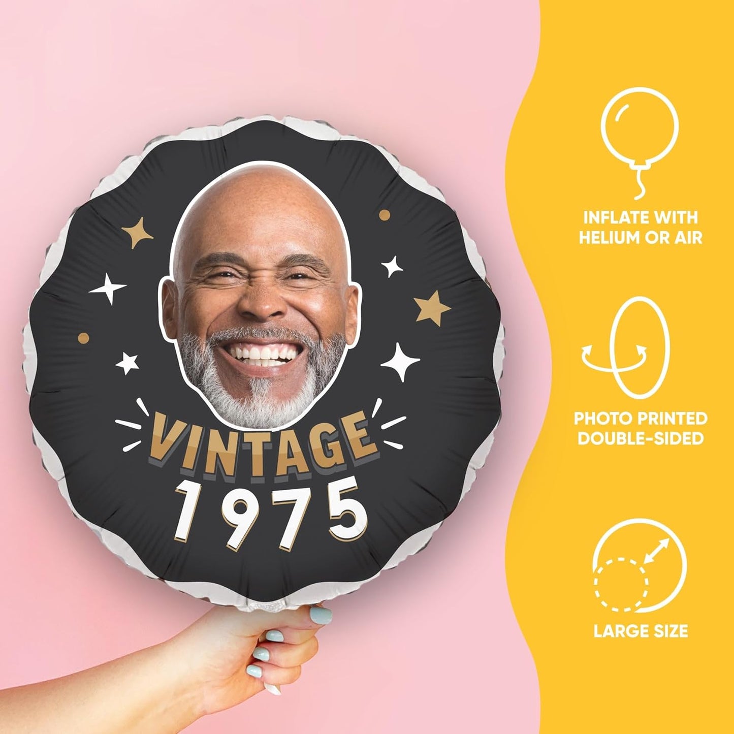 Big Dot of Happiness Personalized Vintage Birthday Photo Balloon, Custom Fun Face Cutout Head, Milestone Birth Year, Black & Gold Party Decoration, Double-Sided Mylar Balloon, 1 Piece