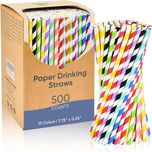 7.75" Colorful Striped Paper Drinking Straws, 500 Counts in Bulk, 10 Assorted Colors, Disposable & Biodegradable - for Bar, Restaurant, Party, Crafts, Cake Pops