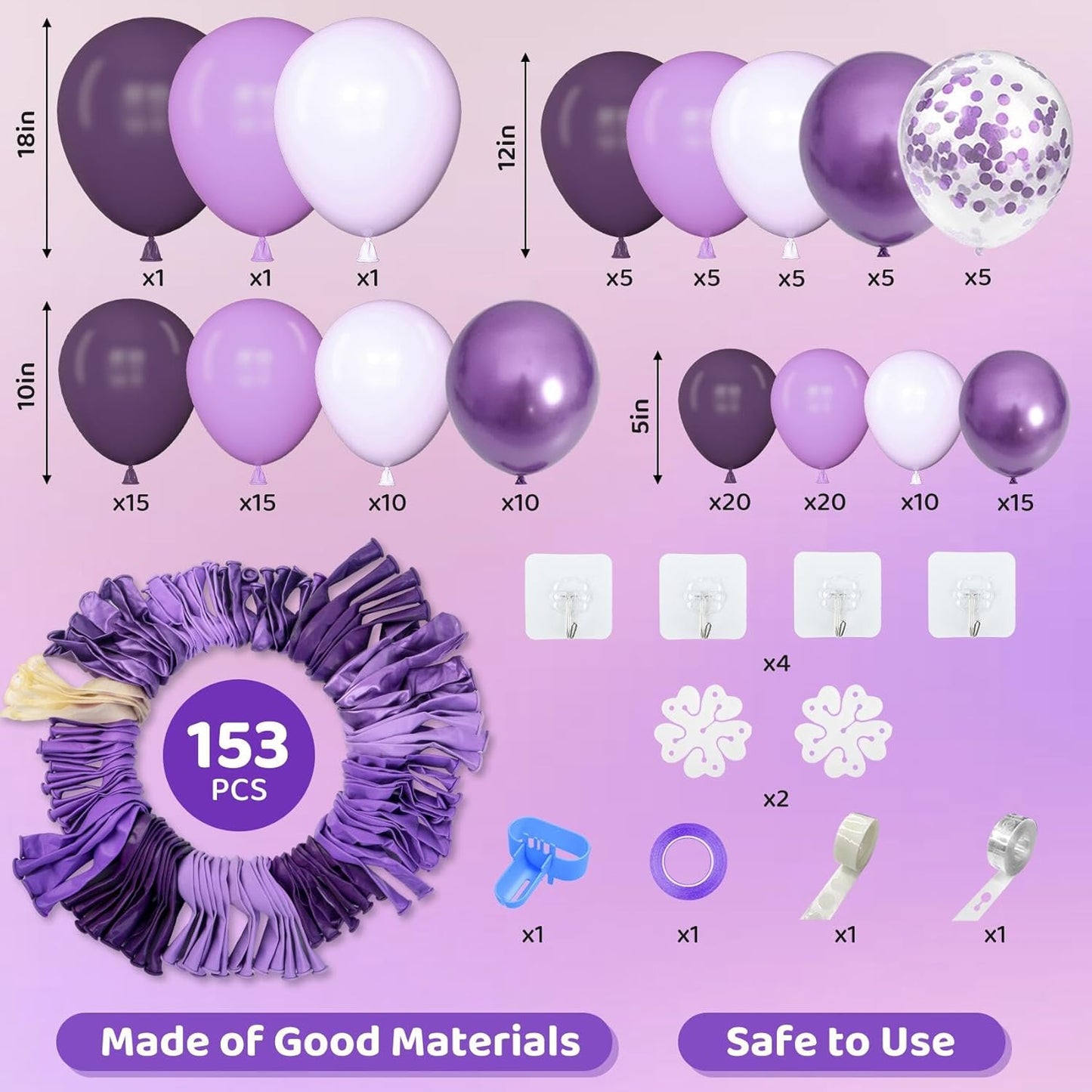 Amandir 153pcs Purple Balloon Garland Arch Kit, Different Sizes 18 12 10 5 inch Lavender Latex Metallic Confetti Purple Balloons for Halloween Wedding Birthday Baby Shower Party Decorations Supplies