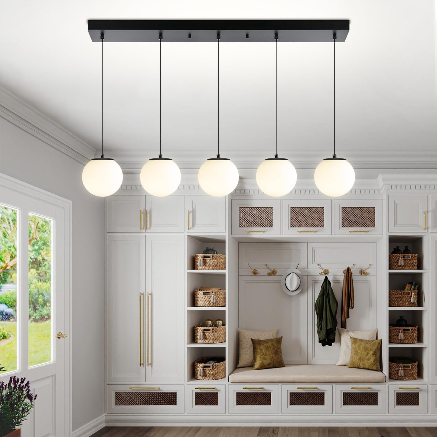 5-Lights Globe Pendant Light for Kitchen Island H 98" Black Rectangle Chandelier Milk White Glass Pendant Lighting for Living Room Bedroom Entryway