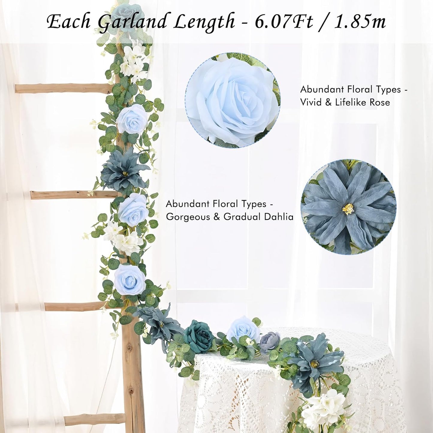 Waipfaru 6.07Ft Artificial Eucalyptus Garland With Flowers - Wedding Table Decorations, Floral Rose for Centerpieces, Backdrop Wall Flower Vines, Room Decor (Dusty Blue)