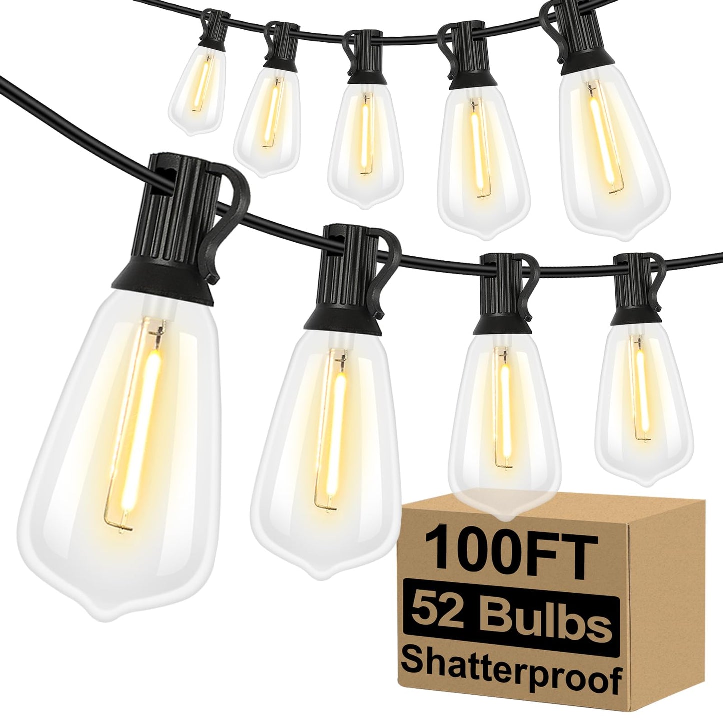 Brightever LED Outdoor String Lights 100FT Patio Lights with 52 Shatterproof ST38 Vintage Edison
