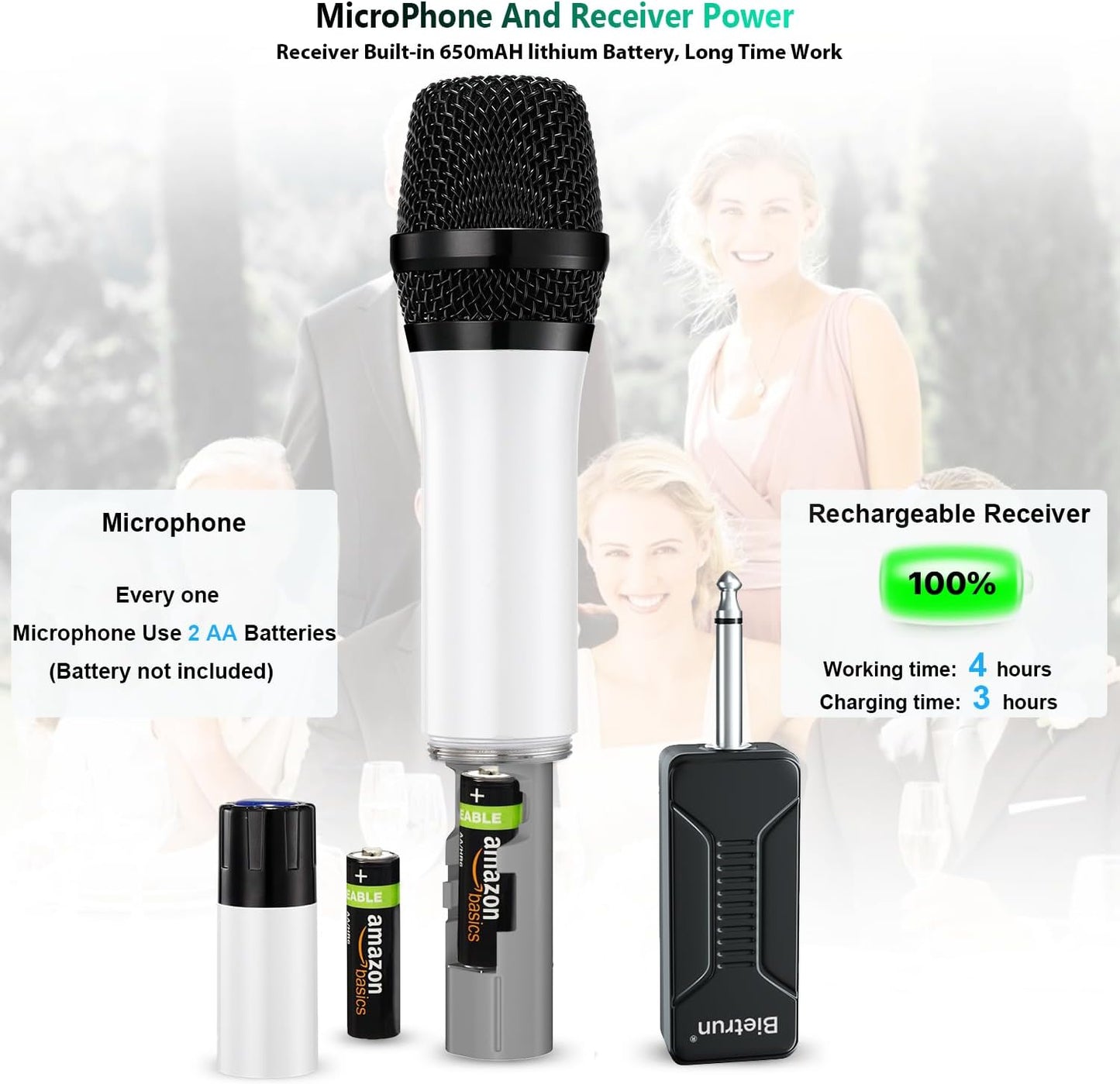 Wireless Microphone, Bietrun UHF Metal Dual Handheld Cordless Dynamic Mic System with Rechargeable Receiver, 1/4‘’Output, for Karaoke, Church, Speech, Wedding, Party Singing(160 ft Range)-Auto Connect
