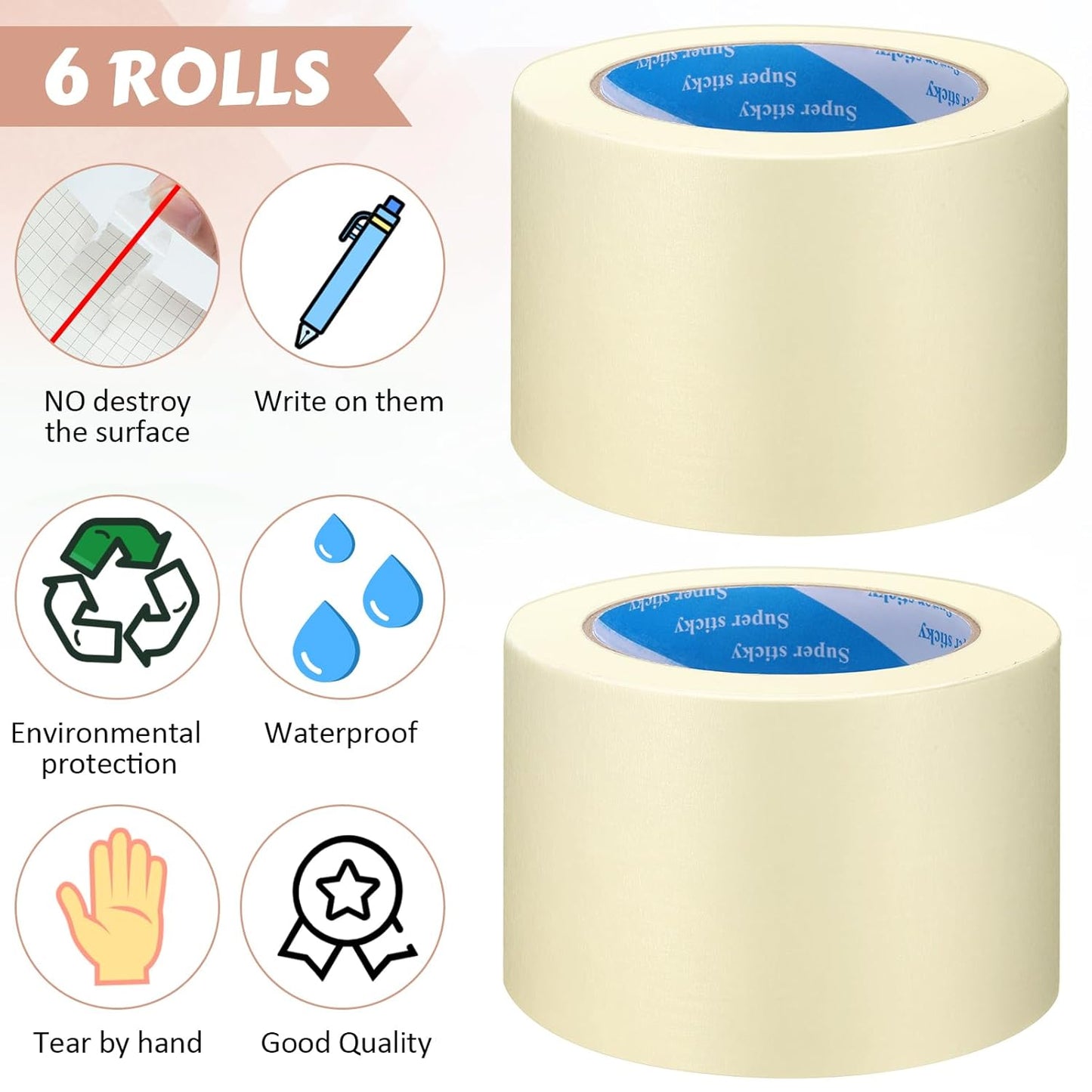 Masking Tape Bulk General Purpose Masking Painting Tape 55 Yards for Painting Home Office School Stationery Arts Crafts Basic Use, Easy Removal(6 Rolls,3 Inch)