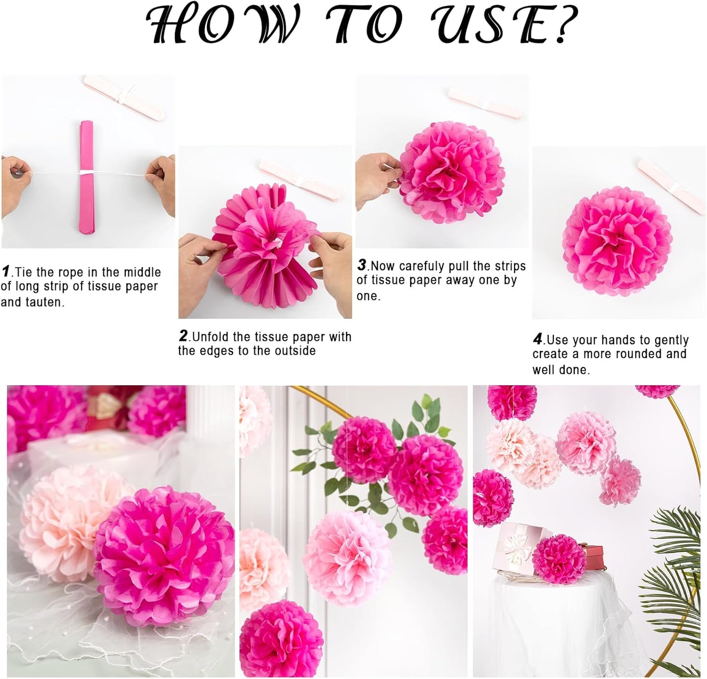 Hot Pink Tissue Pom Poms Paper Flowers Hanging Decorations Pink Flower Ball for Mother's Day Baby Shower Wedding Nursery Birthday Party Backdrop Home Outdoor