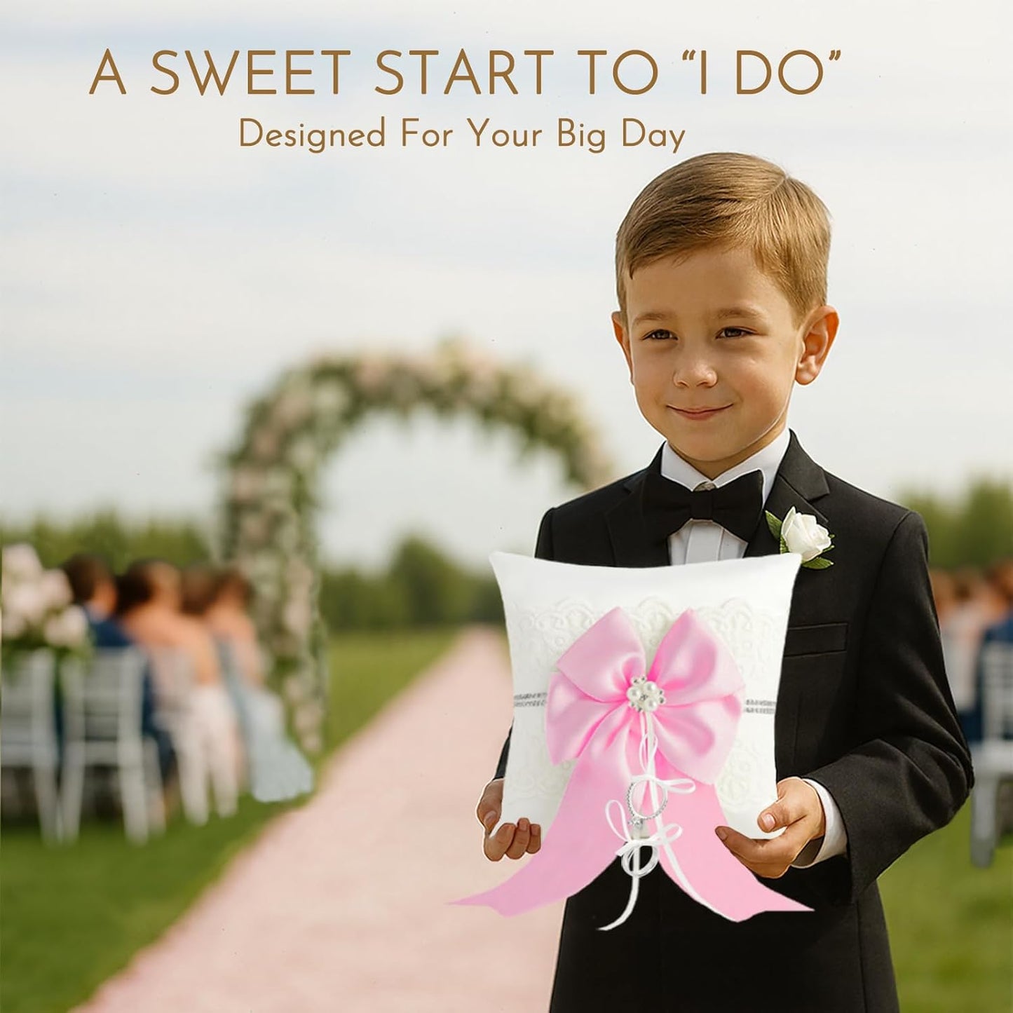 Wedding Ring Bearer Pillow: 8.2 x 8.2 Inch Satin Lace Cushion with Pink Pearl Bow for Ceremony Vows - Secure Ring Holder for Flower Boy or Girl