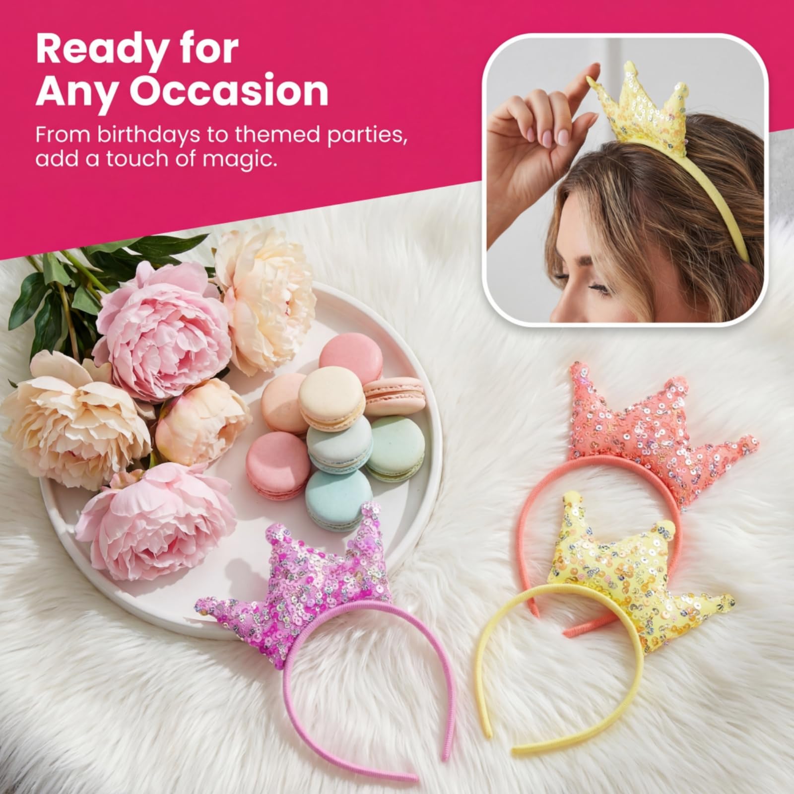 Acshio 12 Pack Princess Crown Headband, Glitter Sequin Hairband