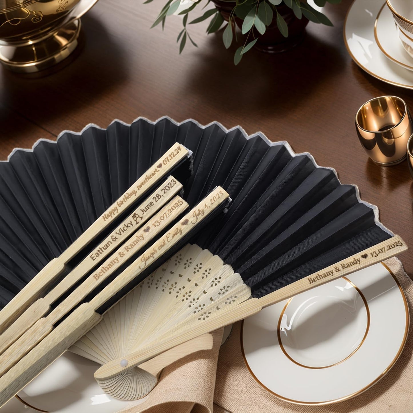 100Pcs Personalized Silk Fans Folding Hand Fan, Custom Wedding Bridal Party Favors, Summer Wedding Bride, Wedding Gift, Thank You Gift (Black)