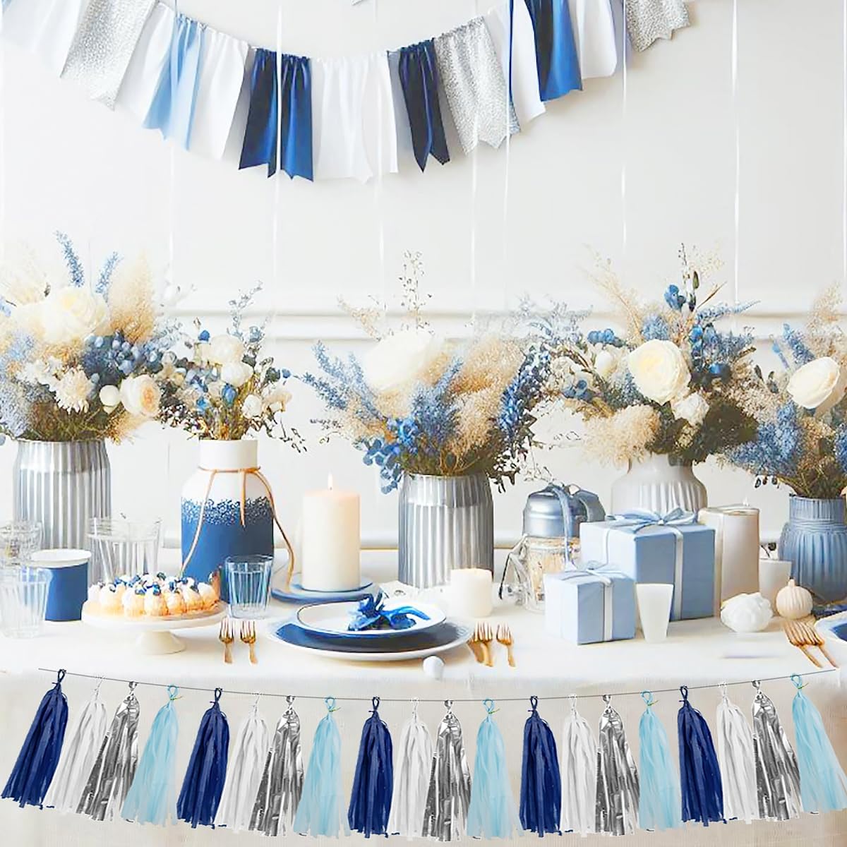 Teal Silver White Navy-Blue Party-Decorations – 15pcs Tissue Paper Tassel Garland Banner Birthday Decorations for Boy Men Christmas Baby Shower Winter Theme Hanging Decor HongTongTong