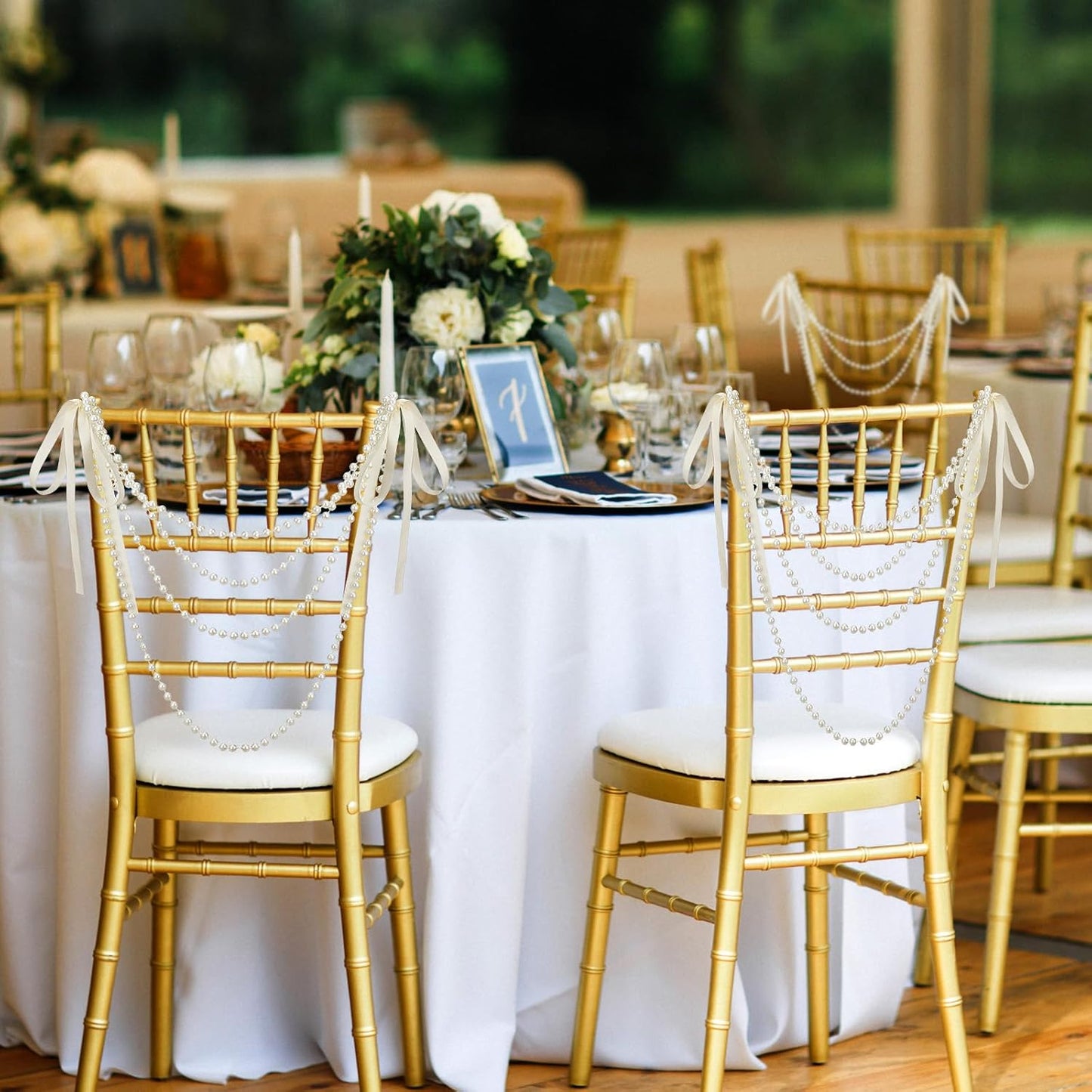 16 Pcs Wedding Pearl Bow Chair Decor Satin Ribbon Bows with Pearl Beaded String Garland Aisle Chair Sashes Decorations for Ceremony Coquette Party Banquet Decor (Ivory)