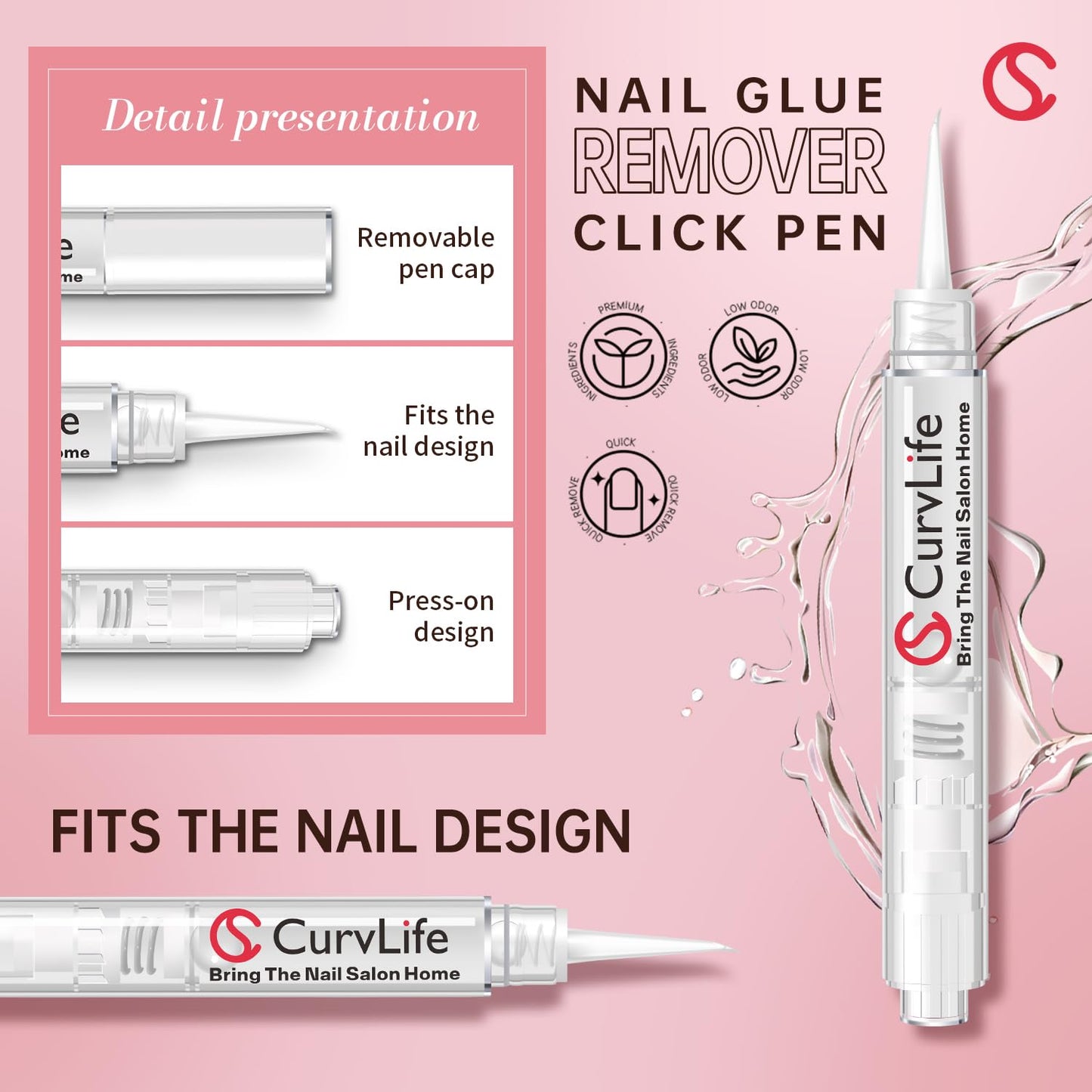 Curvlife 10g Semi Solid Nail Glue Gel With 5ml Remover Pen, No UV Light Needed, for Press On Nails, Click&Remove Pen