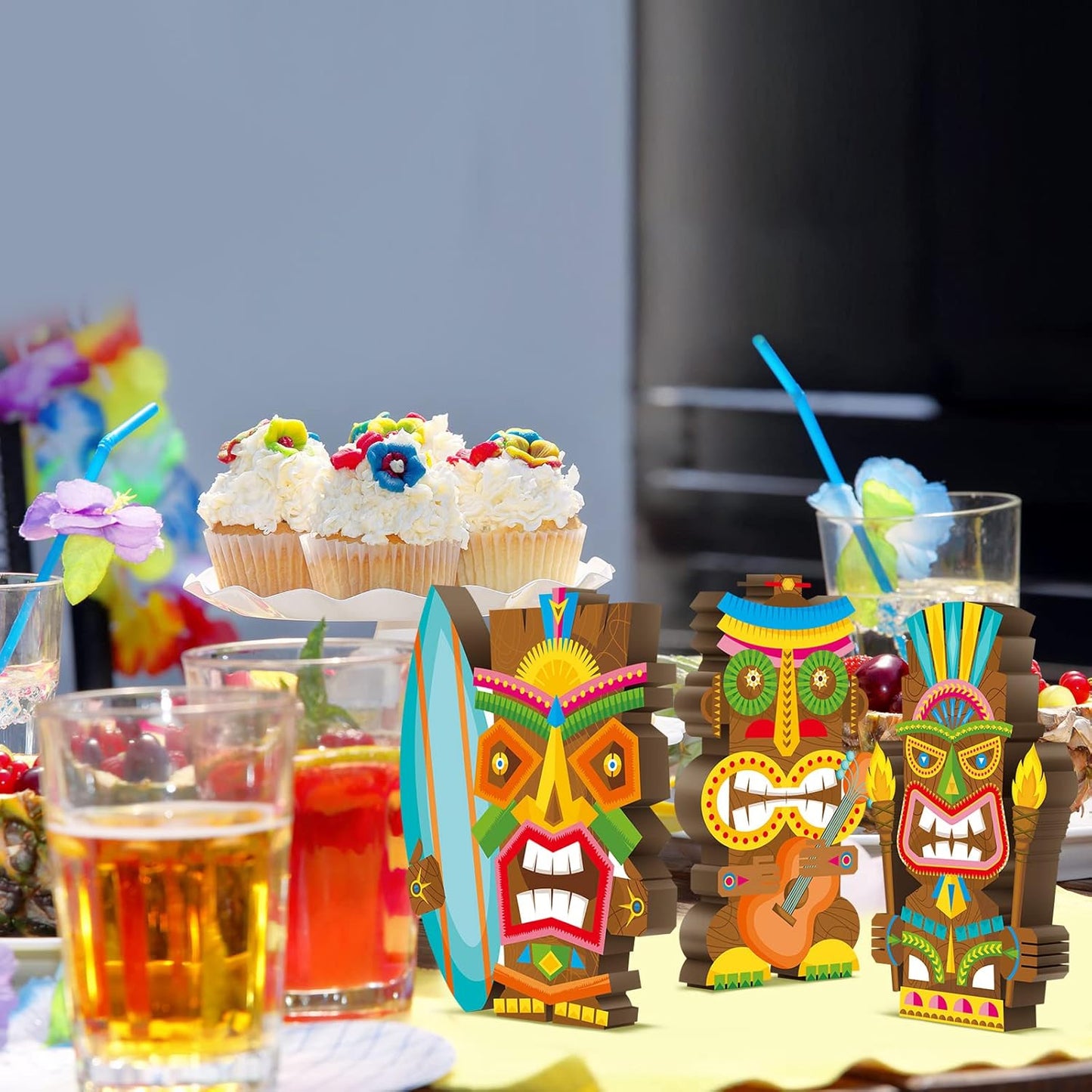 Blulu 3 Pcs Tiki Party Decor Hawaiian Luau Party Decorations Tropical Aloha Wooden Bar Table Sign Colorful Farmhouse Tiki Centerpieces for Table Summer Welcome Housewarming(Classic,7.87 Inch)