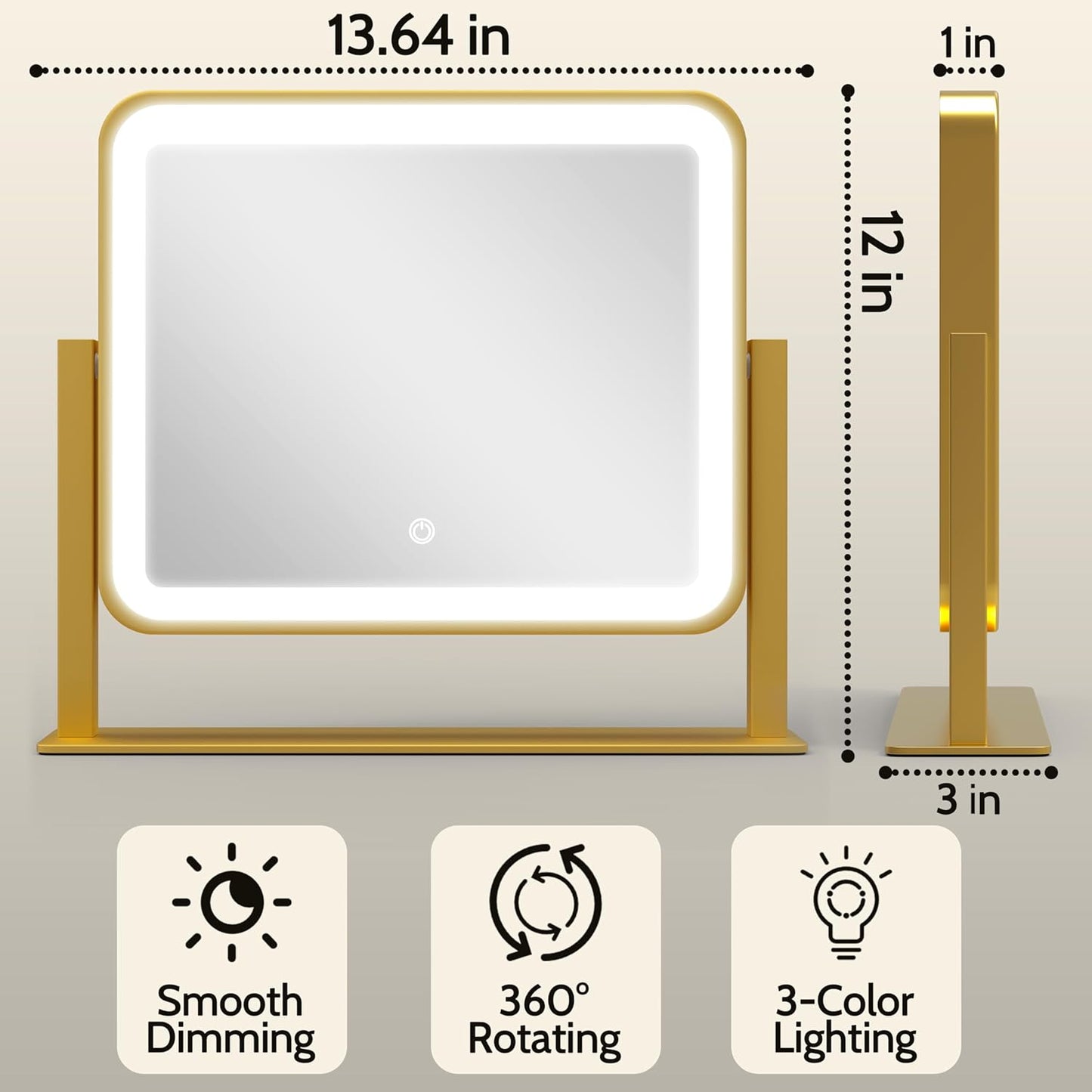 Gold Lighted Makeup Mirror, 14"x12" Vanity Mirror with Smart Touch Control, 3-Color Dimmable Lighting, 360° Rotation for Desk or Bedroom