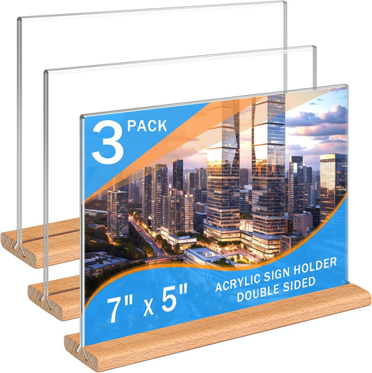 Kersally Acrylic Sign Holder 7 x 5'', 3 Pack Double-Sided Clear Table Display Stands with Wood Base,Horizontal Acrylic Frame Menu Flyer Paper Holder for Store, Restaurant, Hotel, Office, Show Fair