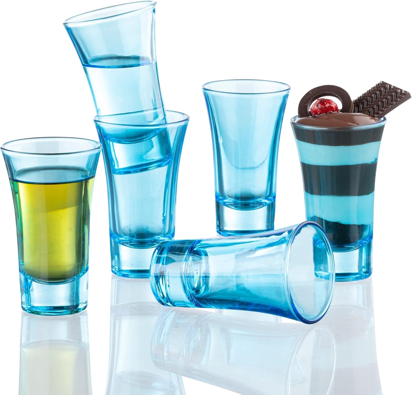 M&N HOME Blue Colored Glass Shot Glasses, 2 Oz Set of 6 with Heavy Base - Whiskey, Tequila & Cocktail Glasses