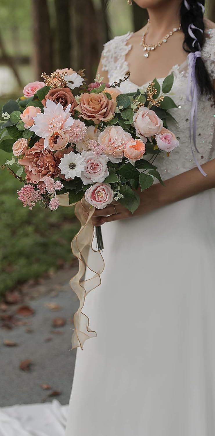 SERRAFLORA Artificial Flowers Combo Box Set Faux Flowers Bulk Flower Leaf with Stems for DIY Wedding Bouquets Centerpieces Baby Shower Party Home Decorations(Champagne Pink)