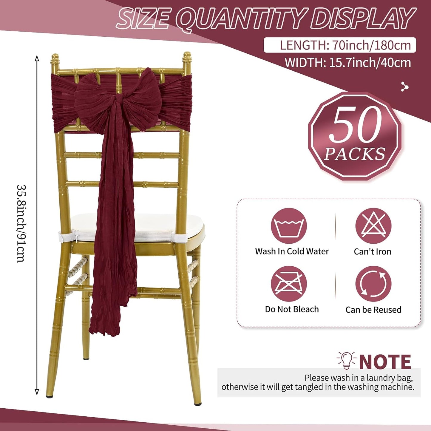50 PCS Cheesecloth Chair Sashes Bows Wedding Aisle Decorations Chair Ribbon Ties Back Sash for Wedding Party Events Banquet Chair Cover Decoration (Burgundy)