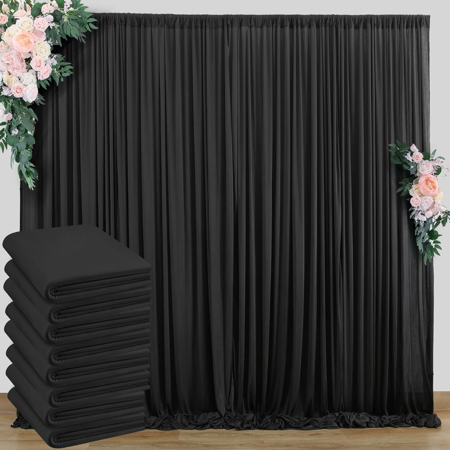 40 ft x 10 ft Wrinkle Free Black Backdrop Curtain for Parties, 8 Panels 10ft Polyester Black Photo Backdrop Drapes for Graduation Birthday Wedding Party Stage Curtains, Thick Bulk Background Curtains