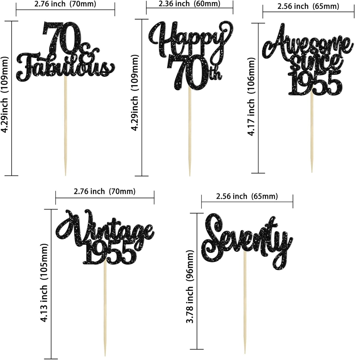 30Pcs Happy 70th Birthday Cupcake Toppers Glitter Seventy Vintage 1955 Cupcake Picks Cheers to 70 Fabulous Cake Decorations for 70th Birthday Wedding Anniversary Party Supplies Black