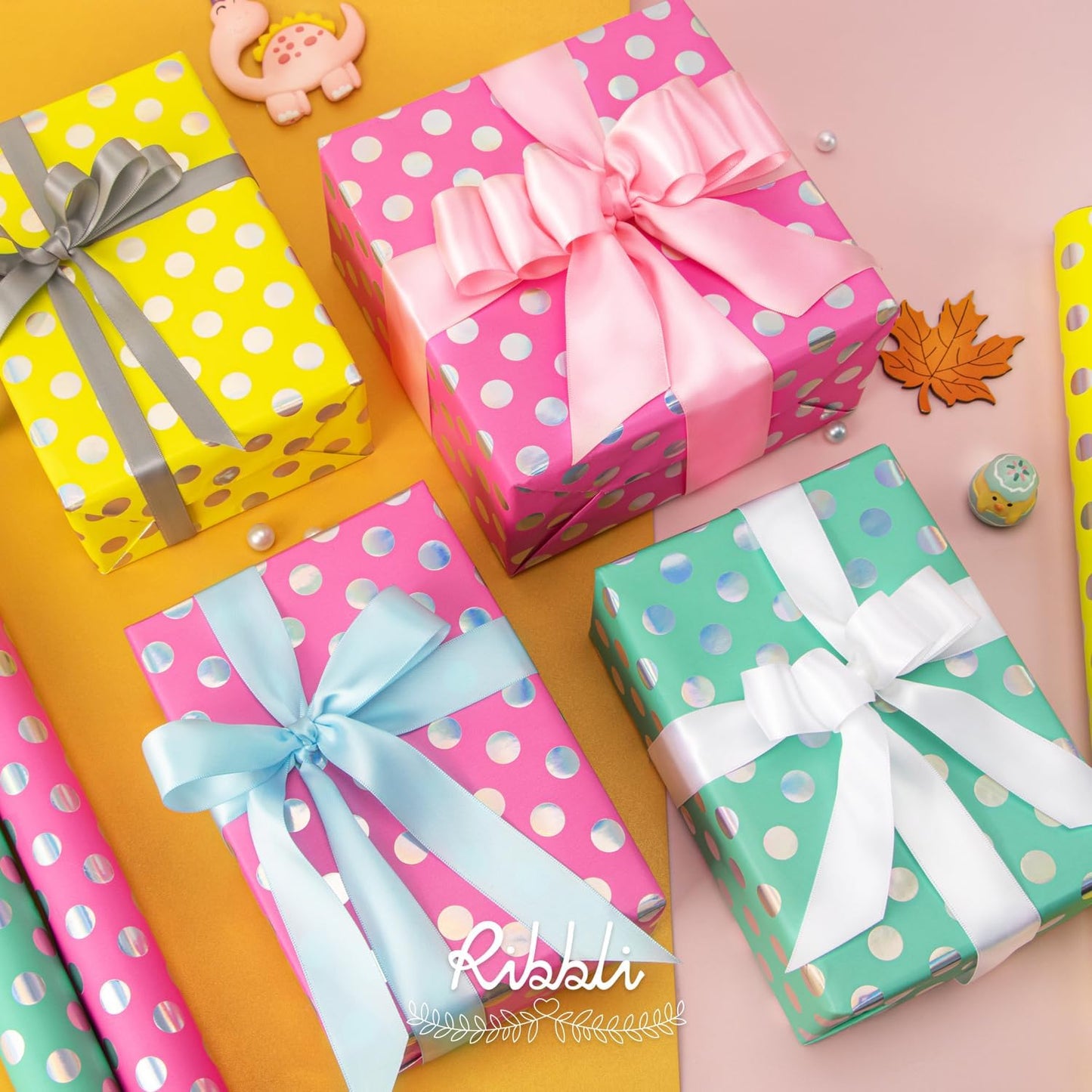 Ribbli Birthday Polka Dots Wrapping Paper Mini Roll, 3 Rolls Fluorescent Pink Aqua Yellow with Iridescent Foil Wrapping Paper for Kids Baby Shower - 17 inch x 120 inch(10feet) Per Roll