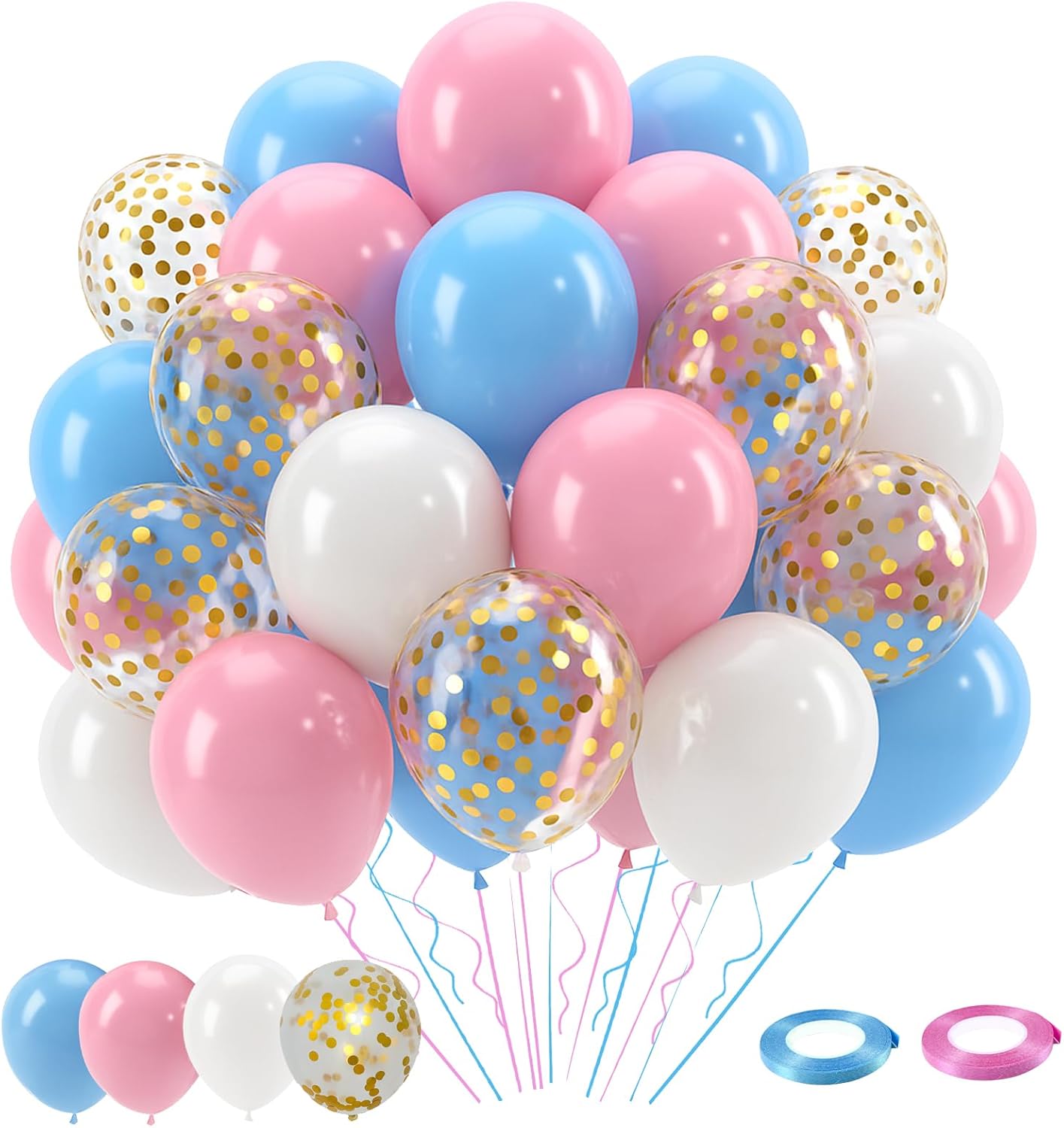 Patimate Gender Reveal Pink and Blue Balloons Set, 50 pcs 12 inch Pastel Blue Pink White Confetti Latex Balloons Kit for Gender Reveal Baby Shower Birthday Party Decorations
