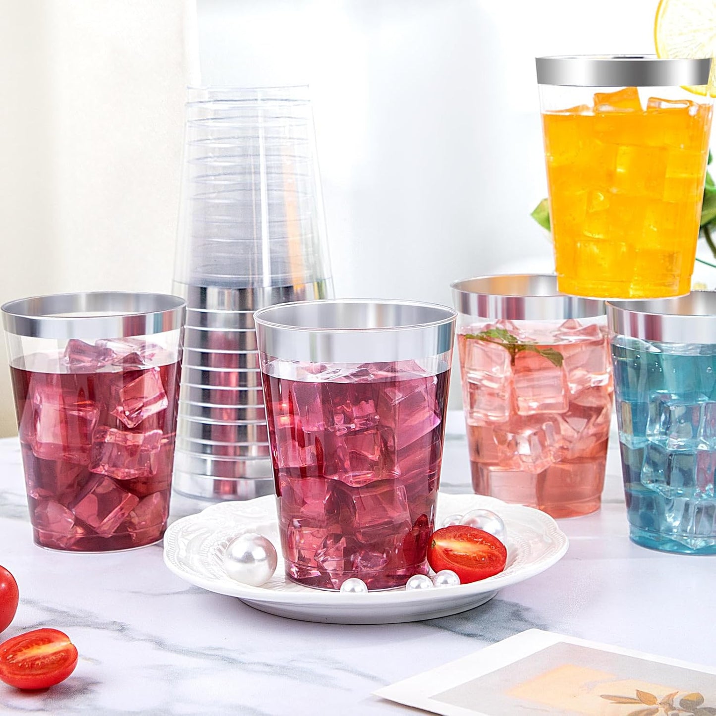 DaYammi 200 Pack Silver Plastic Cups 10 Oz Clear Plastic Cups Silver Rimmed Disposable Wine Glasses Heavy Duty Disposable Tumblers Drinking Cocktail Glasses for Party Wedding