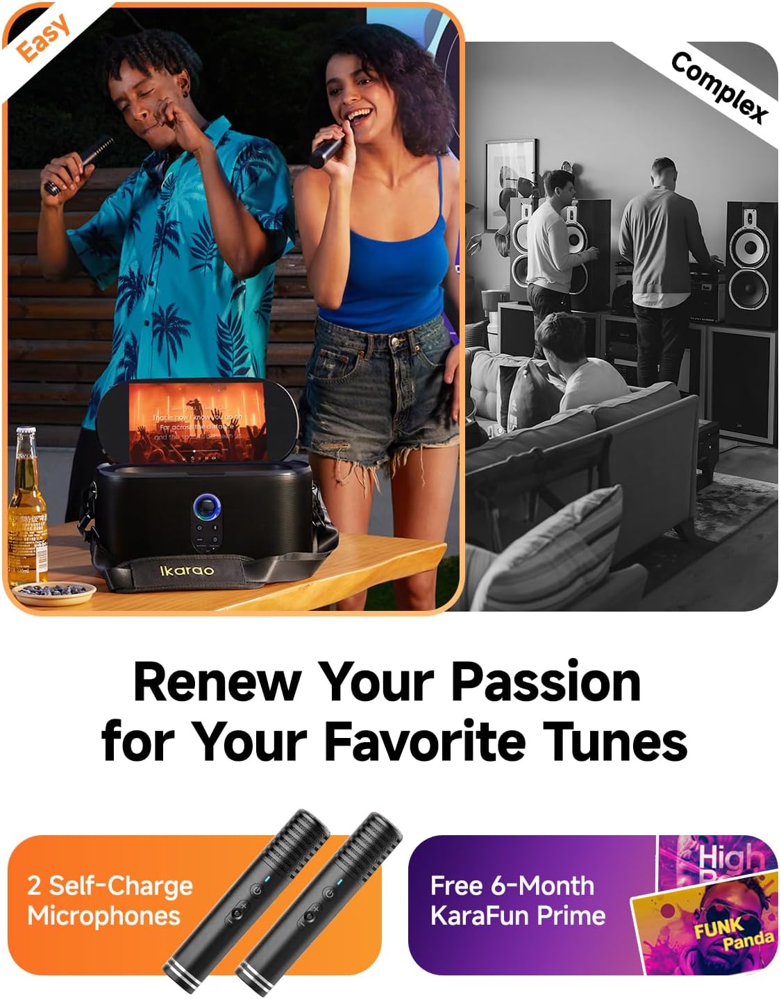 Ikarao Karaoke Machine for Adults, with Lyrics Display, Karaoke System for YouTube, 280W Speaker, Autotune & EQ, Connect to TV, Portable PA System with 2 Wireless Microphones for Home Outdoor Party