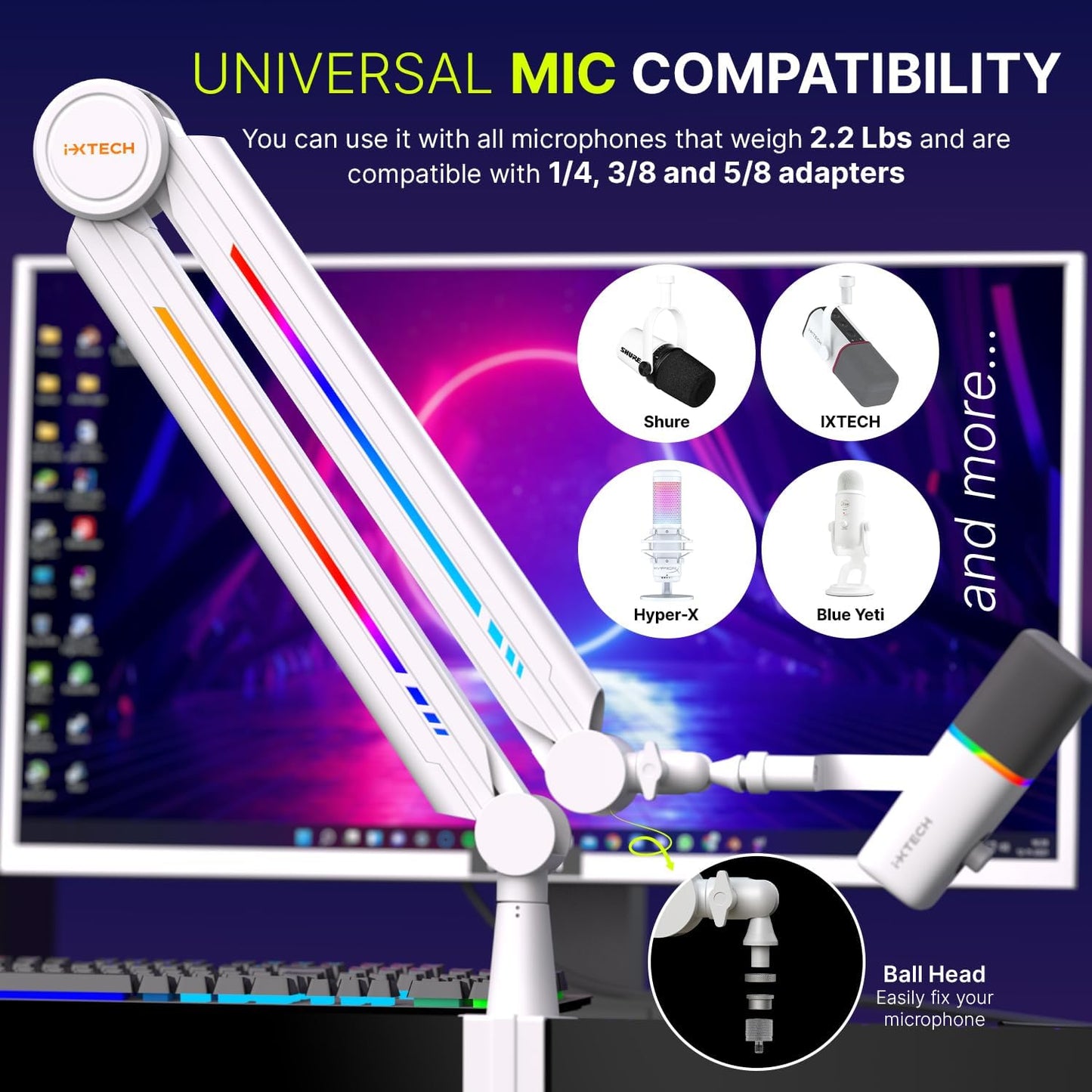 IXTECH RGB Mic Boom Arm High Profile, Overhead Boom Arm Microphone Stand Desk Mount, Adjustable Microphone Stand with Desk Mount, Mic Arm for Live Streaming Gaming Podcasting Recording.