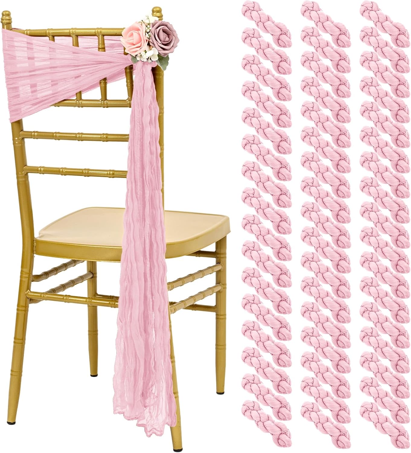 50 PCS Cheesecloth Chair Sashes, Bows Designed ChairSashes, 15.7x108 inch Chair Sashes for Aisle Decorations Universal Chairs Cover Decoration for Wedding Reception Party Banquet (Light Pink)
