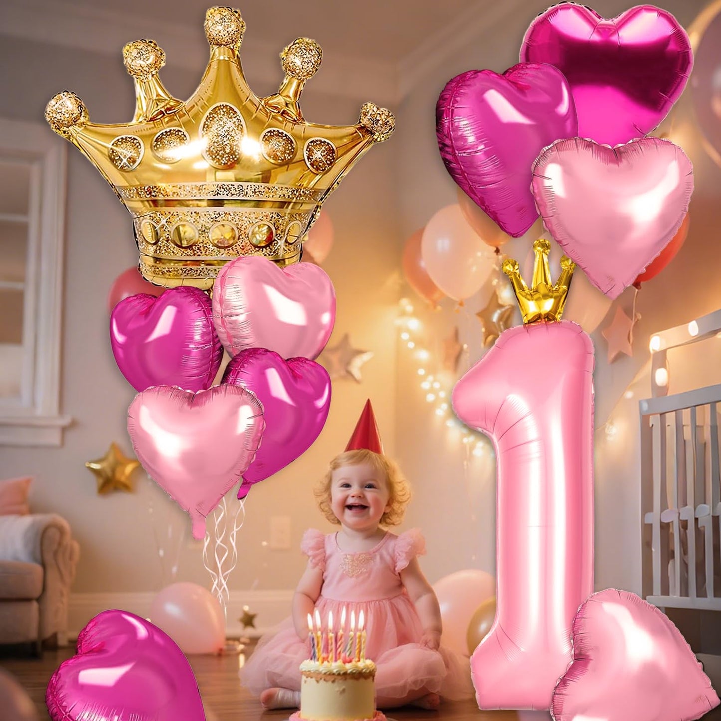 Princess 3rd Birthday Party Decorations, 40 inch Large Pink Crown 3 Balloon for Girls’ Princess