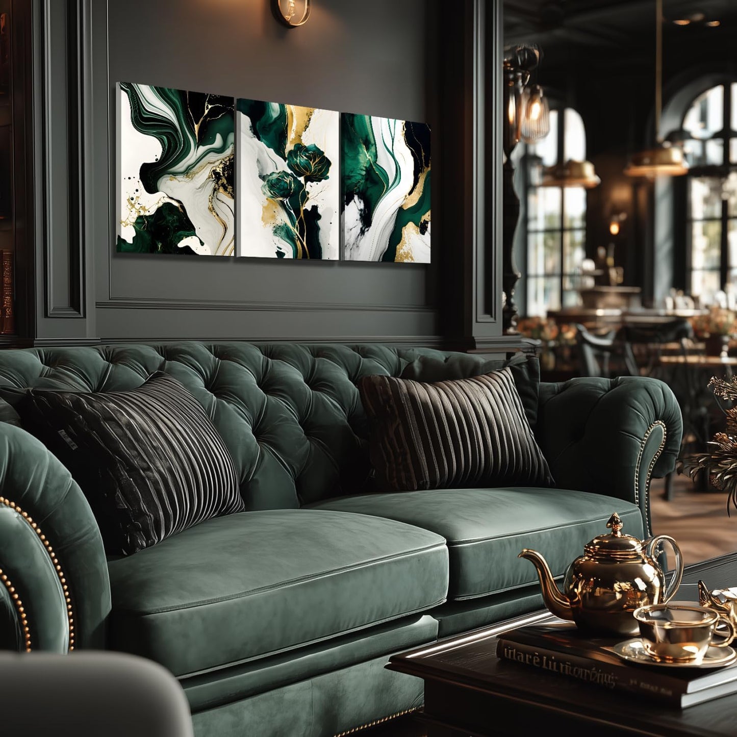 IAFWZX Framed Green Gold Abstract Wall Art, Emerald Marble Textured Wall Decor, Contemporary Line Flower Canvas Paintings, Abstract Floral Poster Prints for Living Room Bedroom Office 12"x16"x3