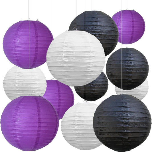 BEISHIDA 12Pcs Purple Black White Paper Lanterns Decorative Chinese/Japanese Hanging Round Paper Lanterns Lamp for Halloween，Birthday, Wedding, Christmas, Bridal,Home Decor, Party Decoration