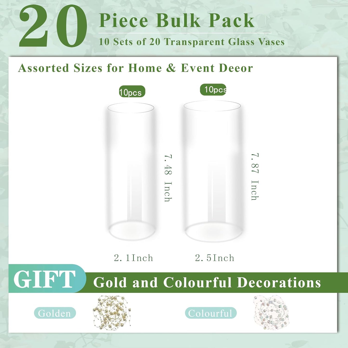 20 Pack Glass Cylinder Vase for Centerpieces, 7.48 and 7.87 inch Candle Flower Vase for Party, Wedding, Banquet Decoration,