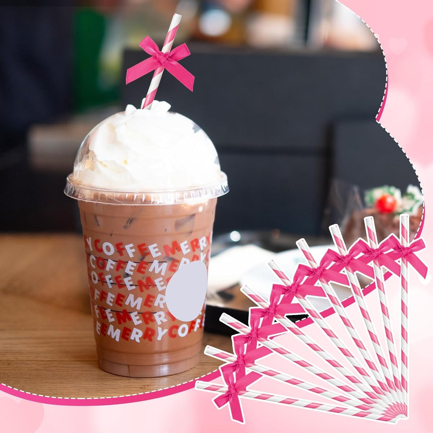 50 Pcs Rose Red Paper Straws for Drinking, Bow Disposable Striped Paper Straws Bulk Rose Red Theme Birthday Party Supplies for Wedding Cake Decorations Bachelorette Baby Shower