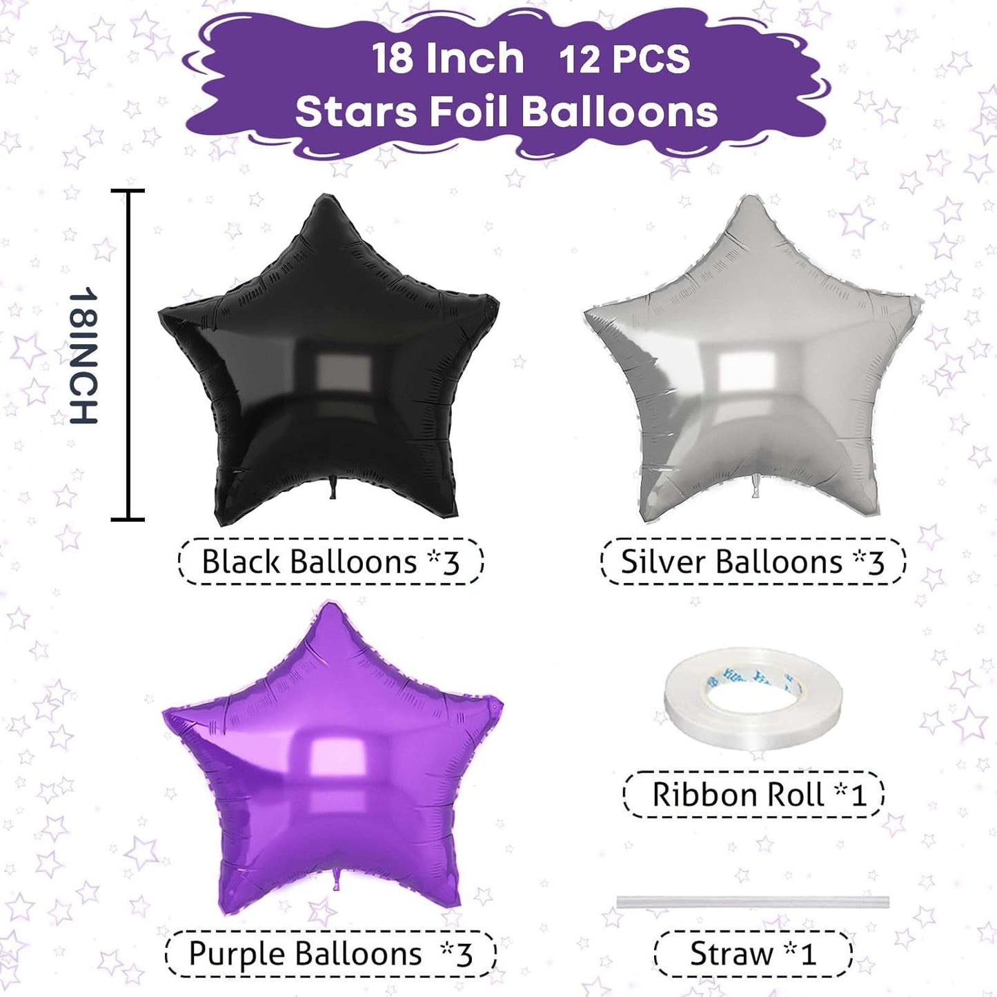 Purple Black Star Balloons 18Inch Lavender Purple Silver and Black Pentagram Foil Balloon 12Pcs Violet Stars Shape Foil Helium Balloon for Girls Women Birthday Graduation Halloween Cartoon Party Decor