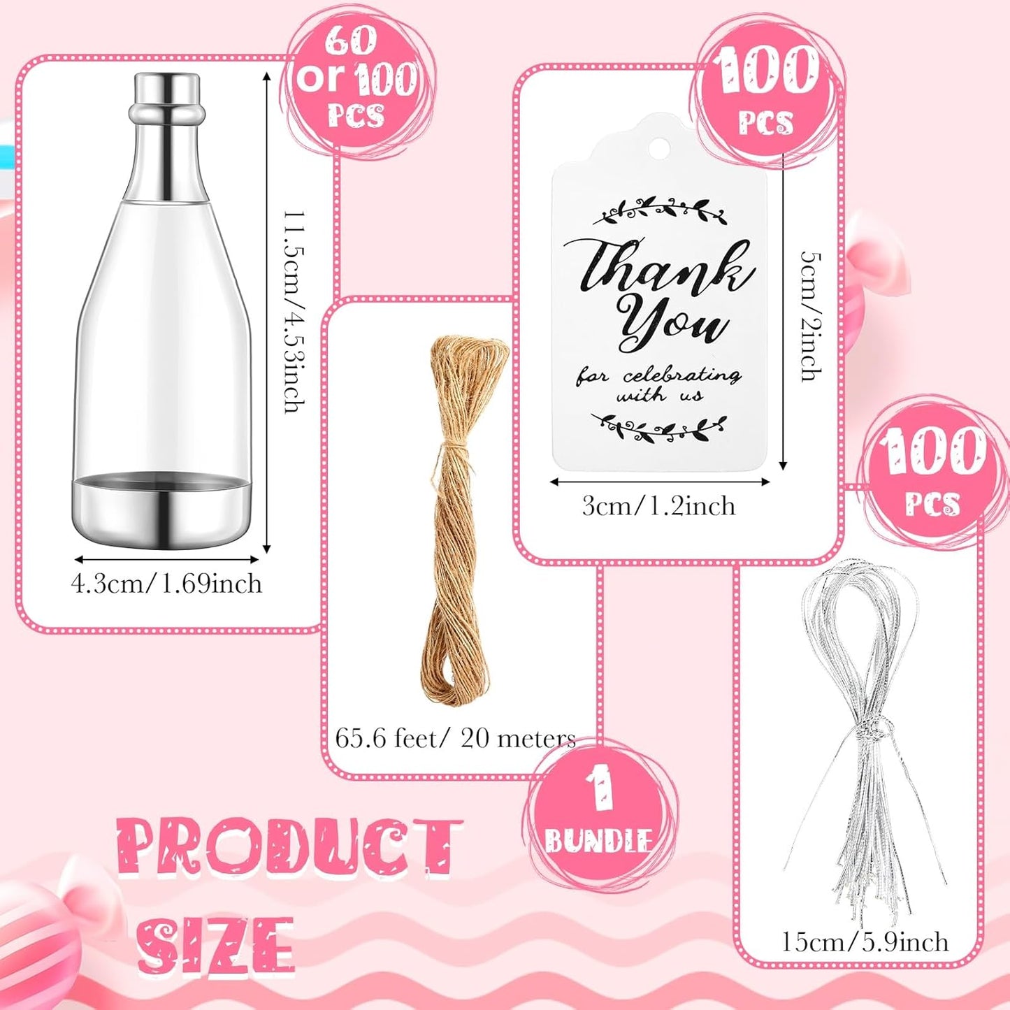 Gerrii 100 Pcs Silver Champagne Bottle Container Set, Mini Champagne Candy Bottles Plastic DIY Favor Candy Jars with Tags Party Favor Containers for Baby Shower Bridal Wedding Birthday Party