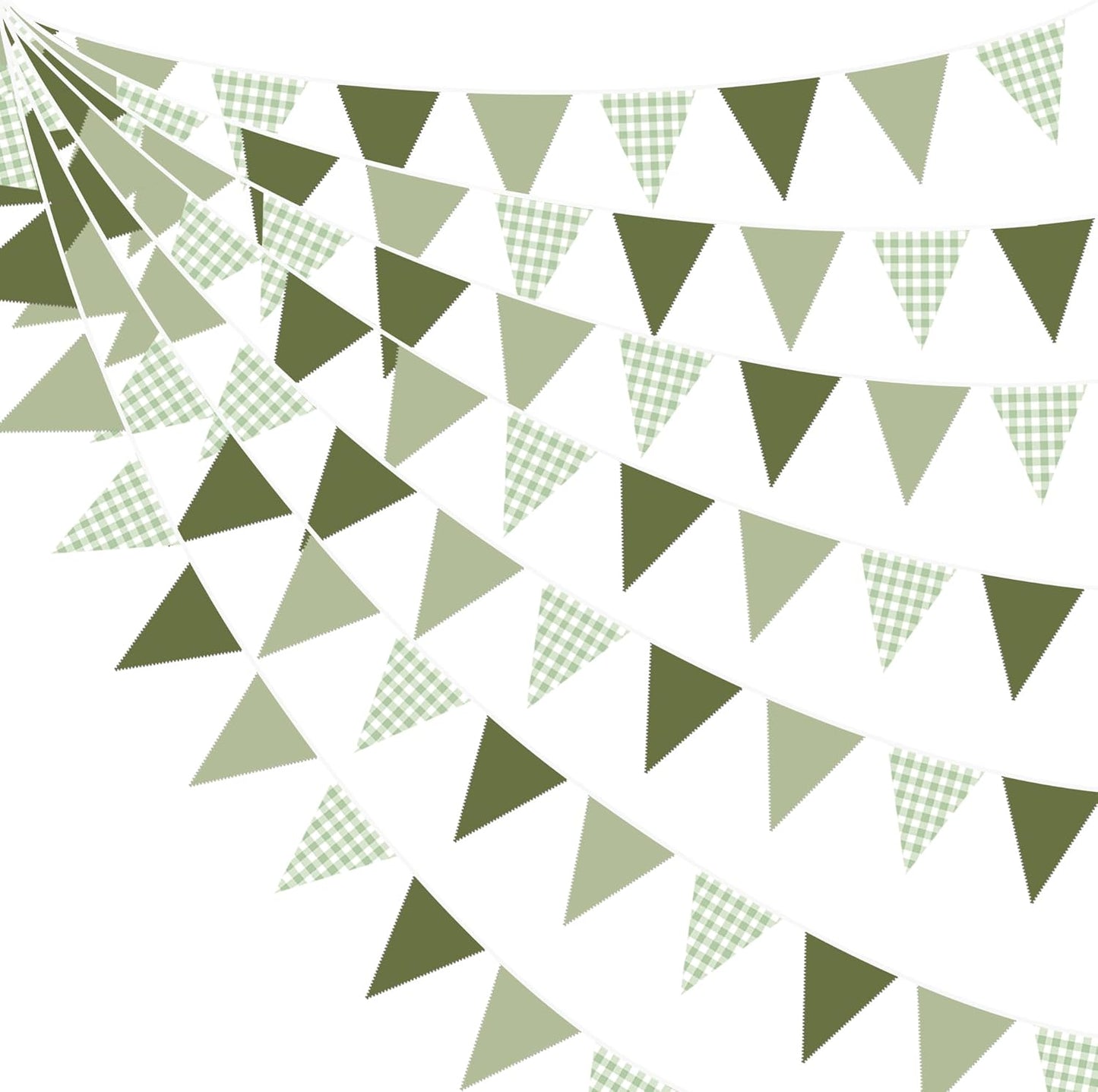 32Ft Sage Green Party Decorations Sage Gingham Banner Olive Green Buffalo Plaid Checkered Triangle Flag Pennant Fabric Garland Streamers for Birthday Baby Shower Wedding Picnic Golf Party Decorations